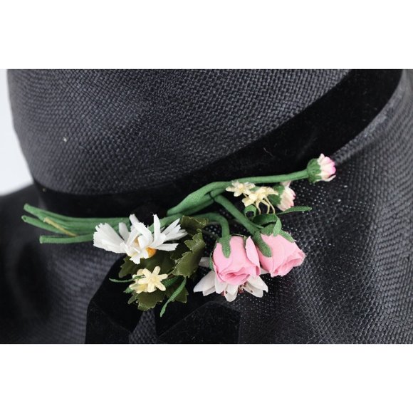 Vintage 60s 70s Streetwear Distressed Flower Straw Floppy Brim Sun Hat Black main image 7